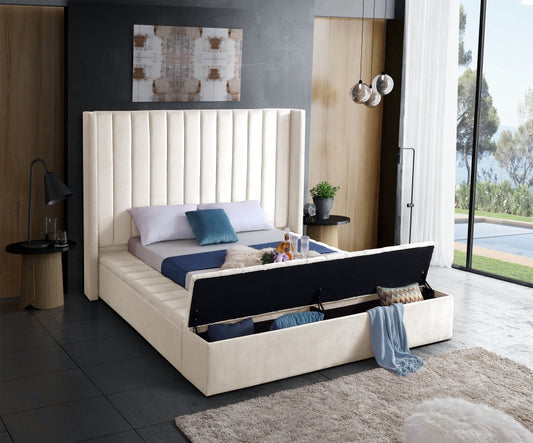 Lit King Complet en Velours | Crème | 3275-FI