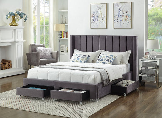 Lit King Complet en Velours avec Rangement | Gris | 0135-FI