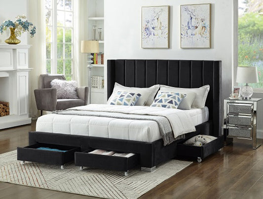 Lit King Complet en Velours avec Rangement | Noir | 3135-FI