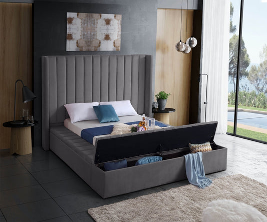 Lit King Complet en Velours | Gris | 0275-FI
