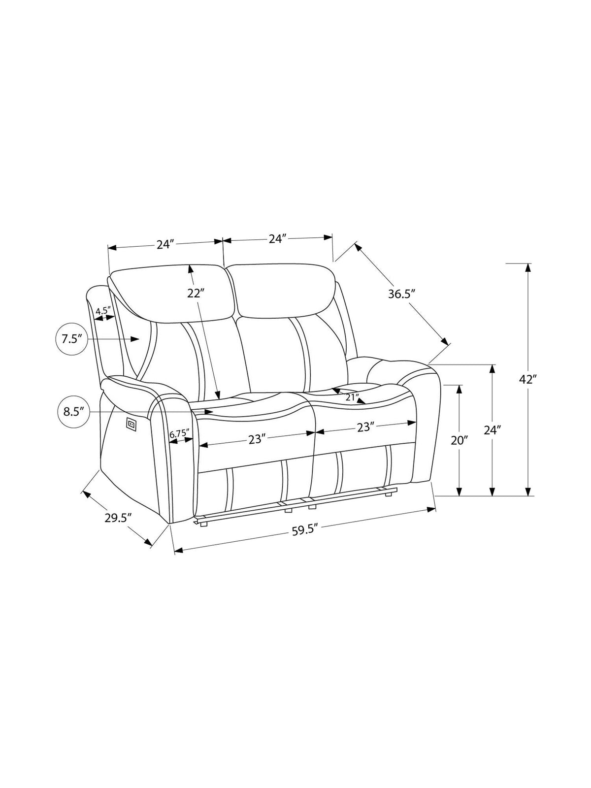 Causeuse inclinable Jackson – dessin technique avec dimensions – Meubles TOCO