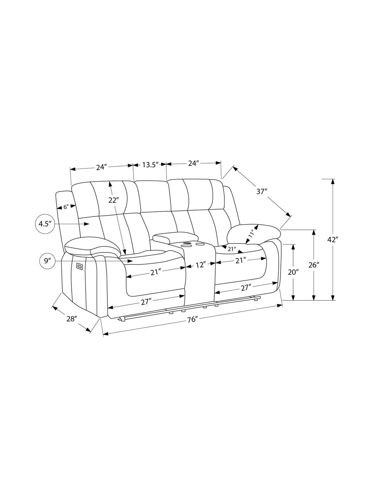 Causeuse inclinable Ricardo – dessin technique avec dimensions – Meubles TOCO