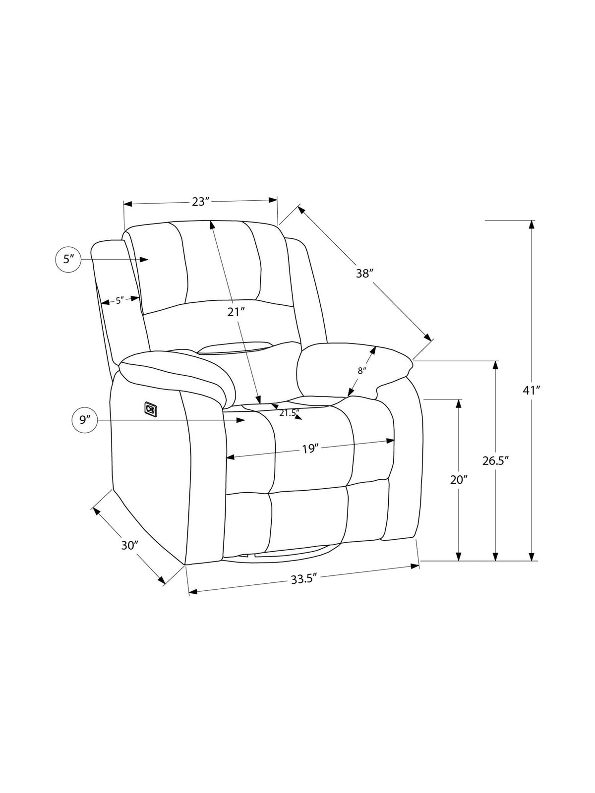 Chaise inclinable Béatrice – dessin technique avec dimensions – Meubles TOCO