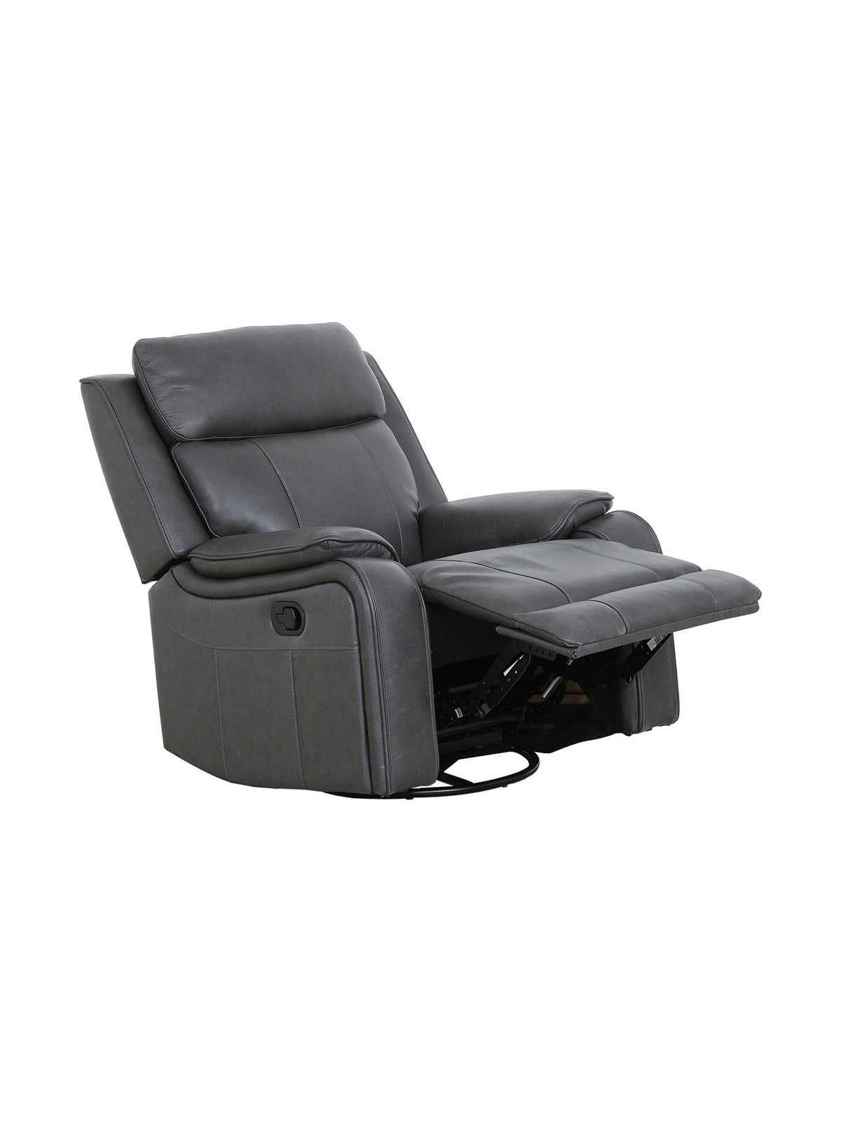 Chaise inclinable Lewis pivotante et berçante en gris foncé – en position inclinée, vue de trois quarts – Meubles TOCO