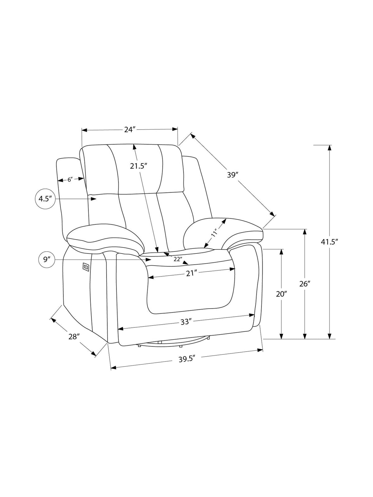 Chaise inclinable Ricardo – dessin technique avec dimensions – Meubles TOCO