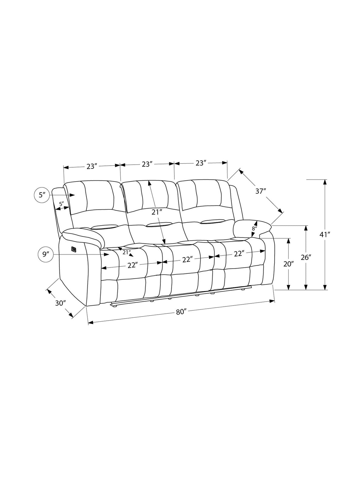Sofa inclinable Béatrice – dessin technique avec dimensions – Meubles TOCO