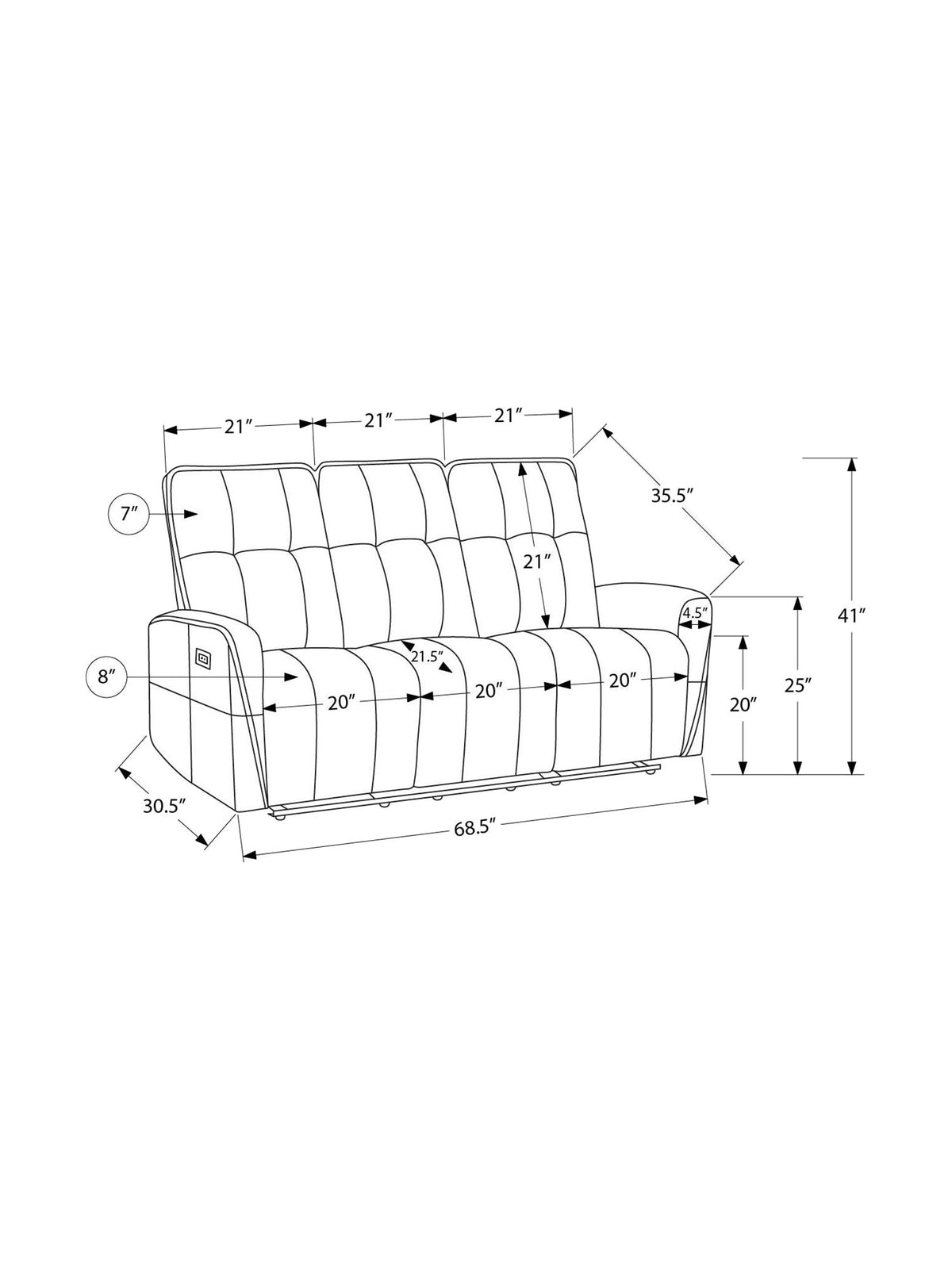 Sofa inclinable Dalton – dessin technique avec dimensions – Meubles TOCO