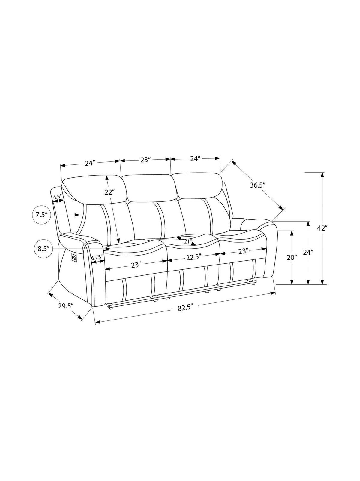 Sofa inclinable Jackson – dessin technique avec dimensions – Meubles TOCO