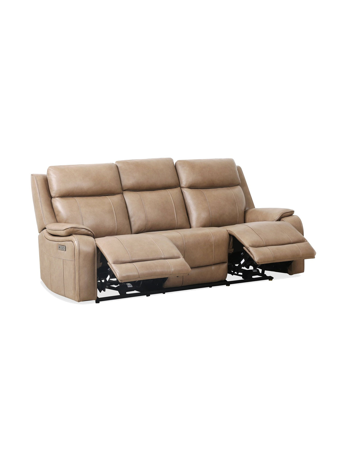Sofa inclinable Lewis en taupe – en position inclinée, vue de trois quarts – Meubles TOCO