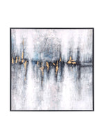 Toile abstraite TOCO Meubles aux tons gris et bleu avec détails dorés, encadrée dans un cadre flottant noir moderne.