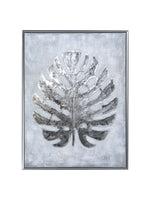 Cadre décoratif TOCO Meubles Paradise Palm II avec une feuille de palmier argentée texturée sur fond gris clair