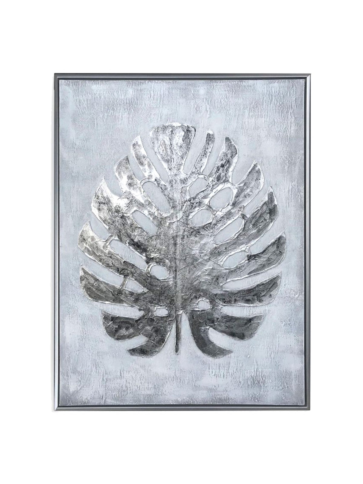 Cadre décoratif TOCO Meubles Paradise Palm II avec une feuille de palmier argentée texturée sur fond gris clair