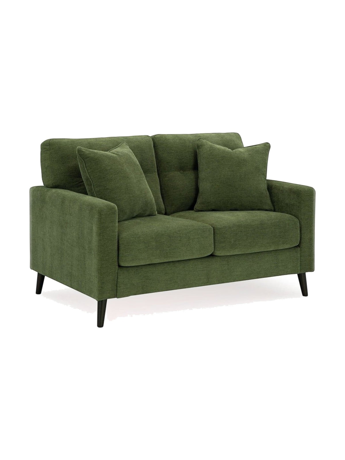 Causeuse Bixo de TOCO Meubles en tissu vert forêt avec deux coussins décoratifs et pieds en bois noir