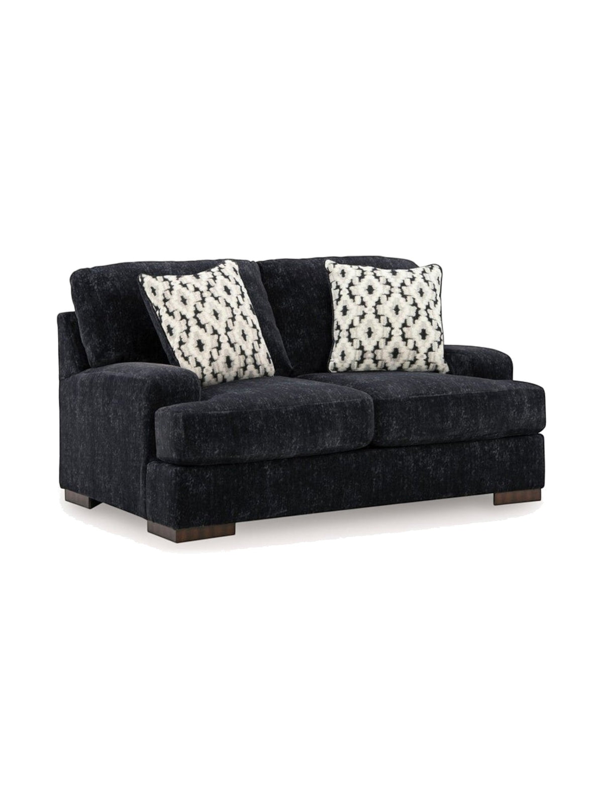 Causeuse Mistral TOCO Meubles en tissu noir texturé avec deux coussins décoratifs à motifs géométriques