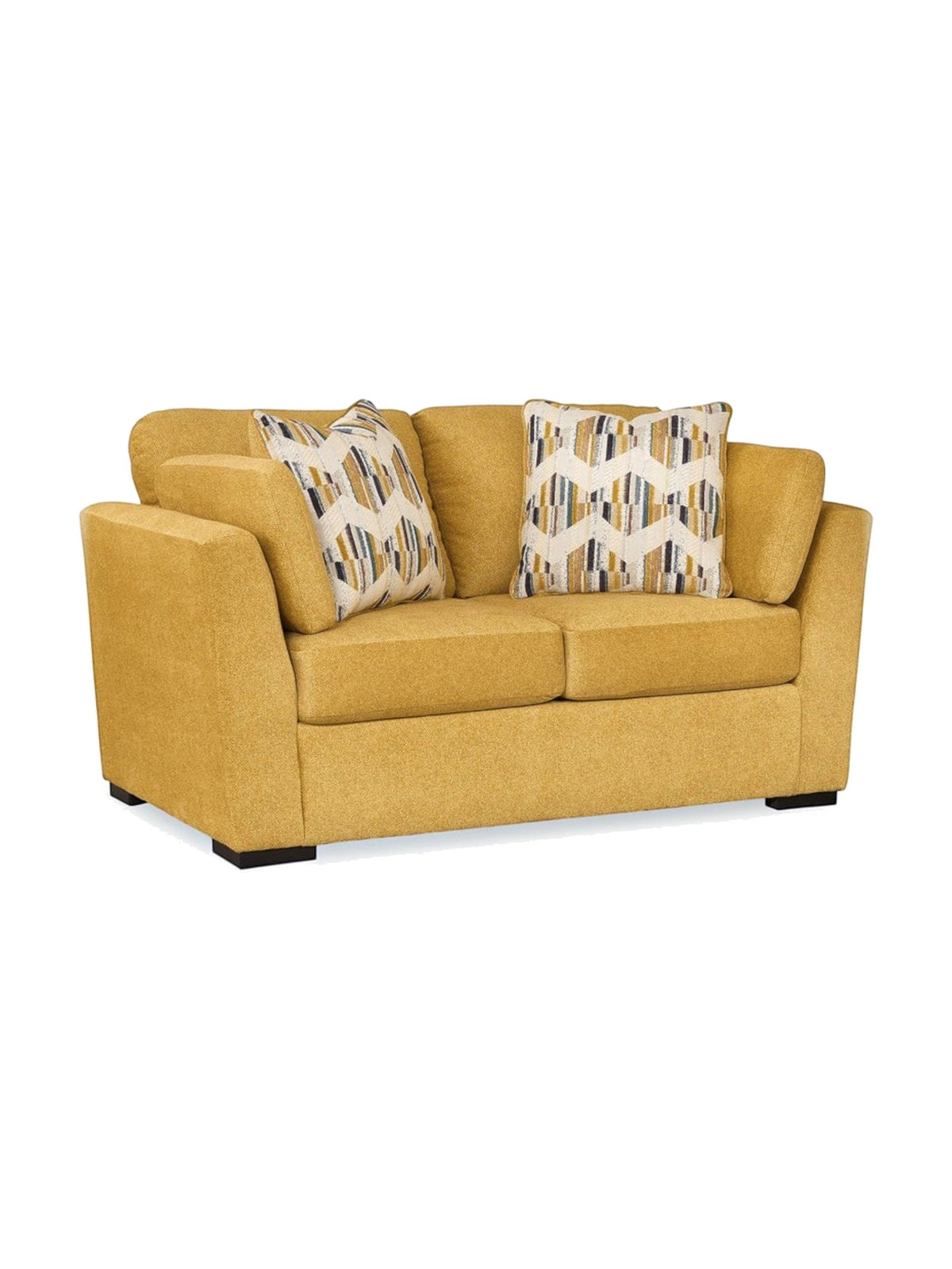 Causeuse TOCO Meubles Owick jaune tournesol avec deux coussins décoratifs à motifs géométriques