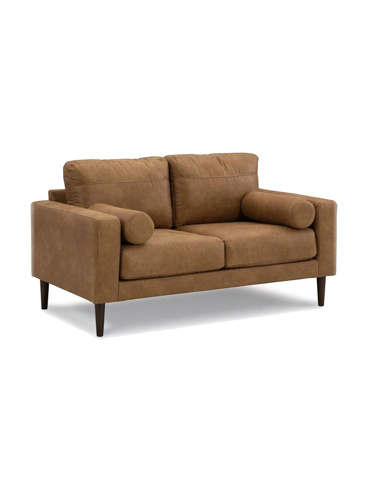 Causeuse Telora TOCO Meubles en similicuir caramel avec coussins cylindriques et pieds en bois foncé