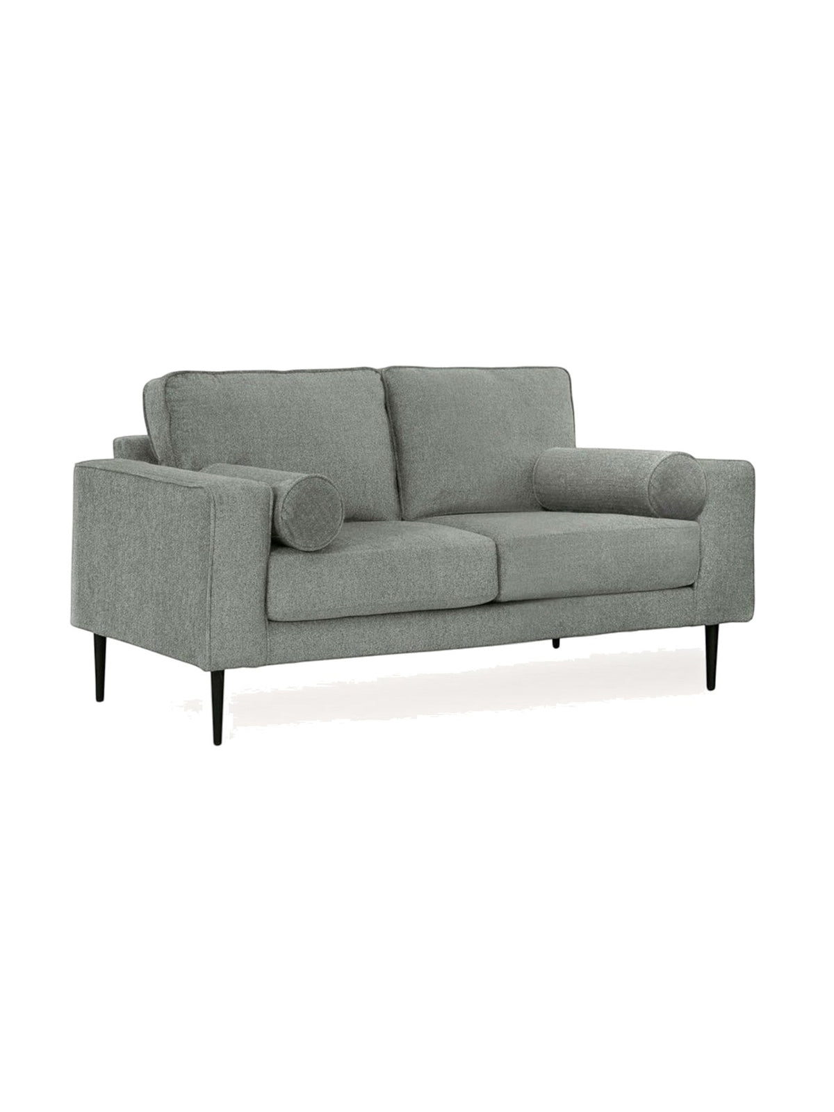 Causeuse Zela de TOCO Meubles en tissu gris anthracite avec coussins cylindriques et pieds noirs modernes