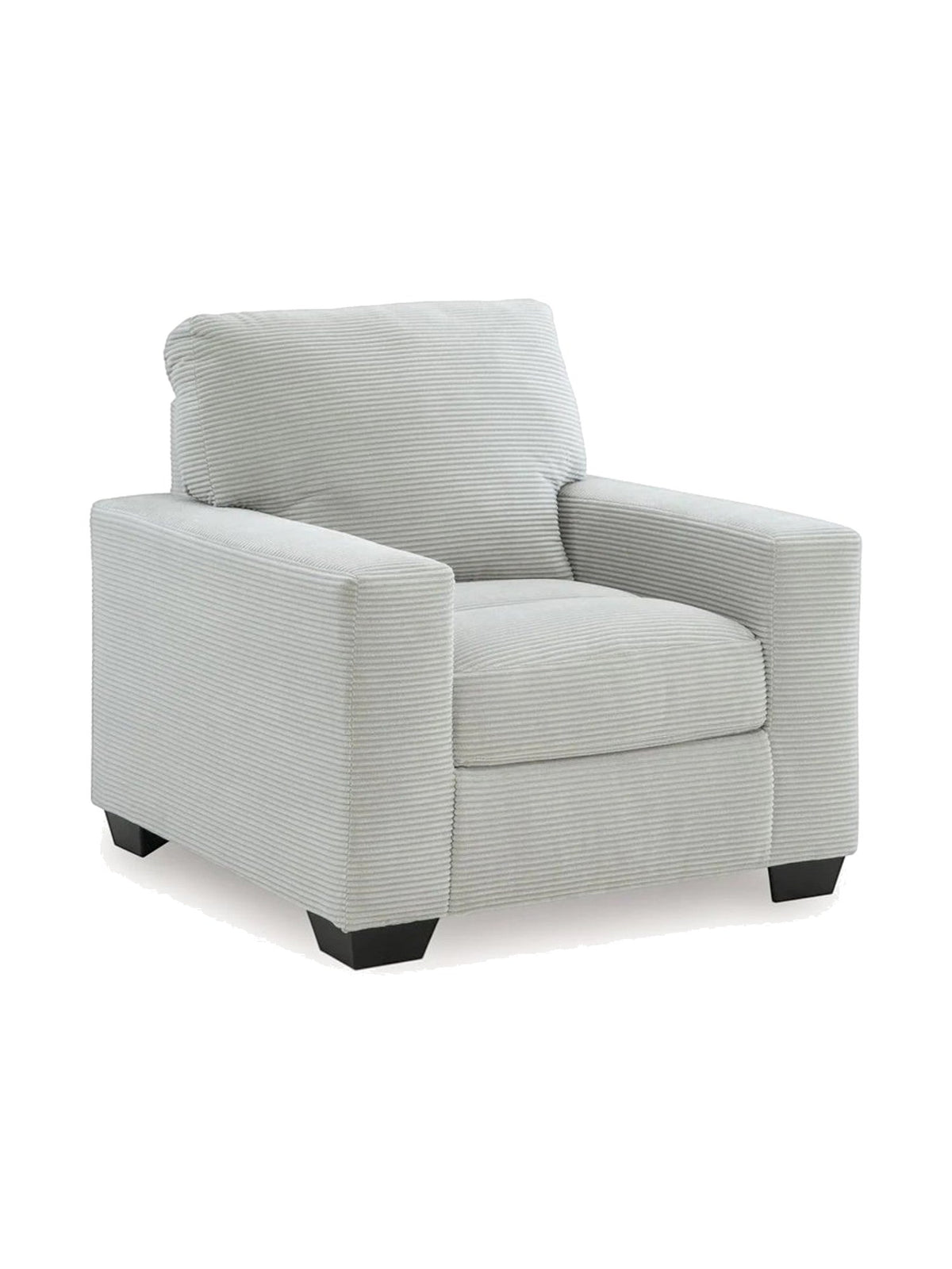 Fauteuil Aldo de TOCO Meubles en tissu côtelé gris clair avec pieds noirs, design moderne et confortable
