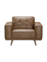 Fauteuil Célestin TOCO Meubles en cuir marron avec accoudoirs larges et pieds en bois style moderne