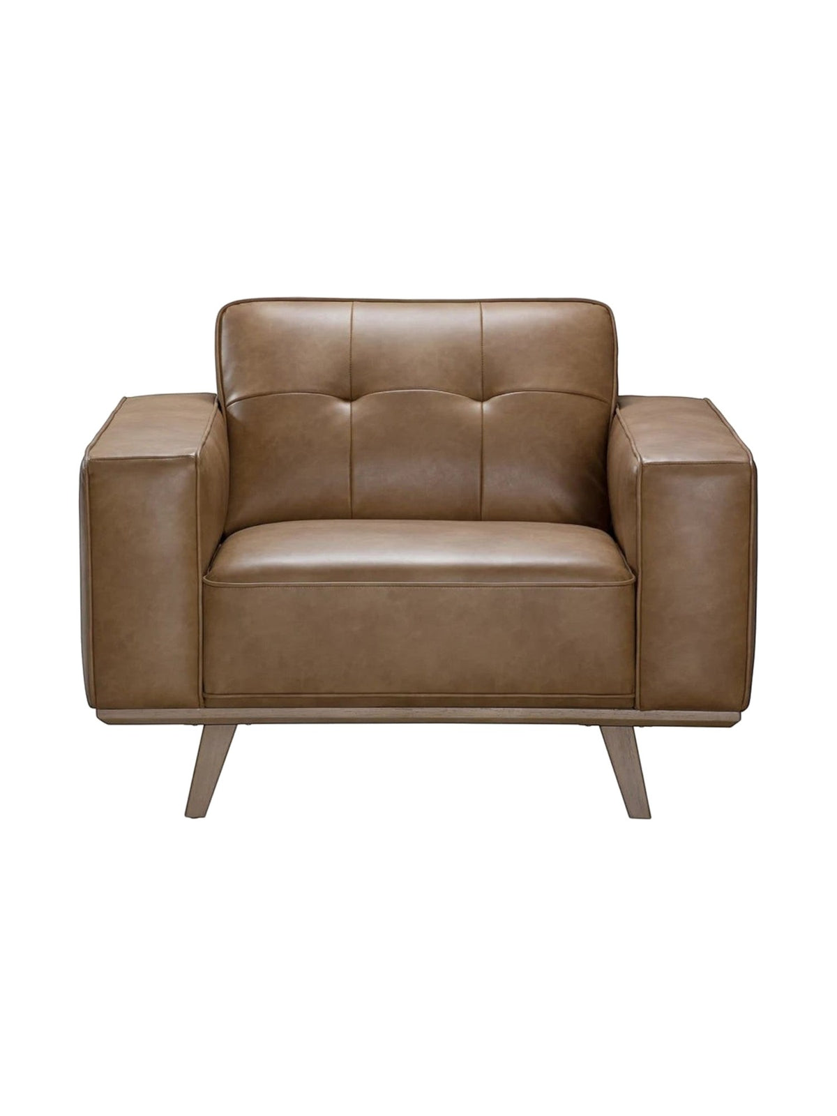 Fauteuil Célestin TOCO Meubles en cuir marron avec accoudoirs larges et pieds en bois style moderne