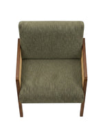 Fauteuil d'appoint TOCO Meubles Brice en tissu vert olive avec structure en bois massif et panneaux latéraux tissés.