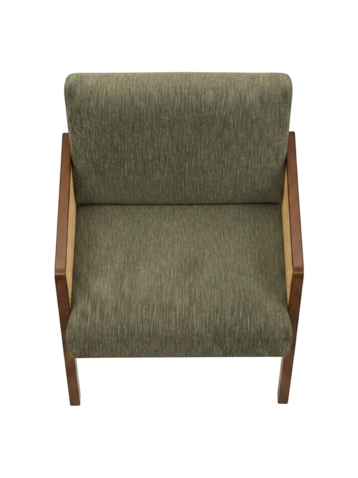 Fauteuil d'appoint TOCO Meubles Brice en tissu vert olive avec structure en bois massif et panneaux latéraux tissés.