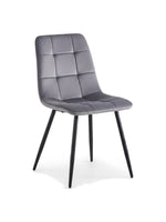 Chaise de salle à manger Élio par TOCO Meubles en velours gris avec dossier capitonné et pieds en métal noir