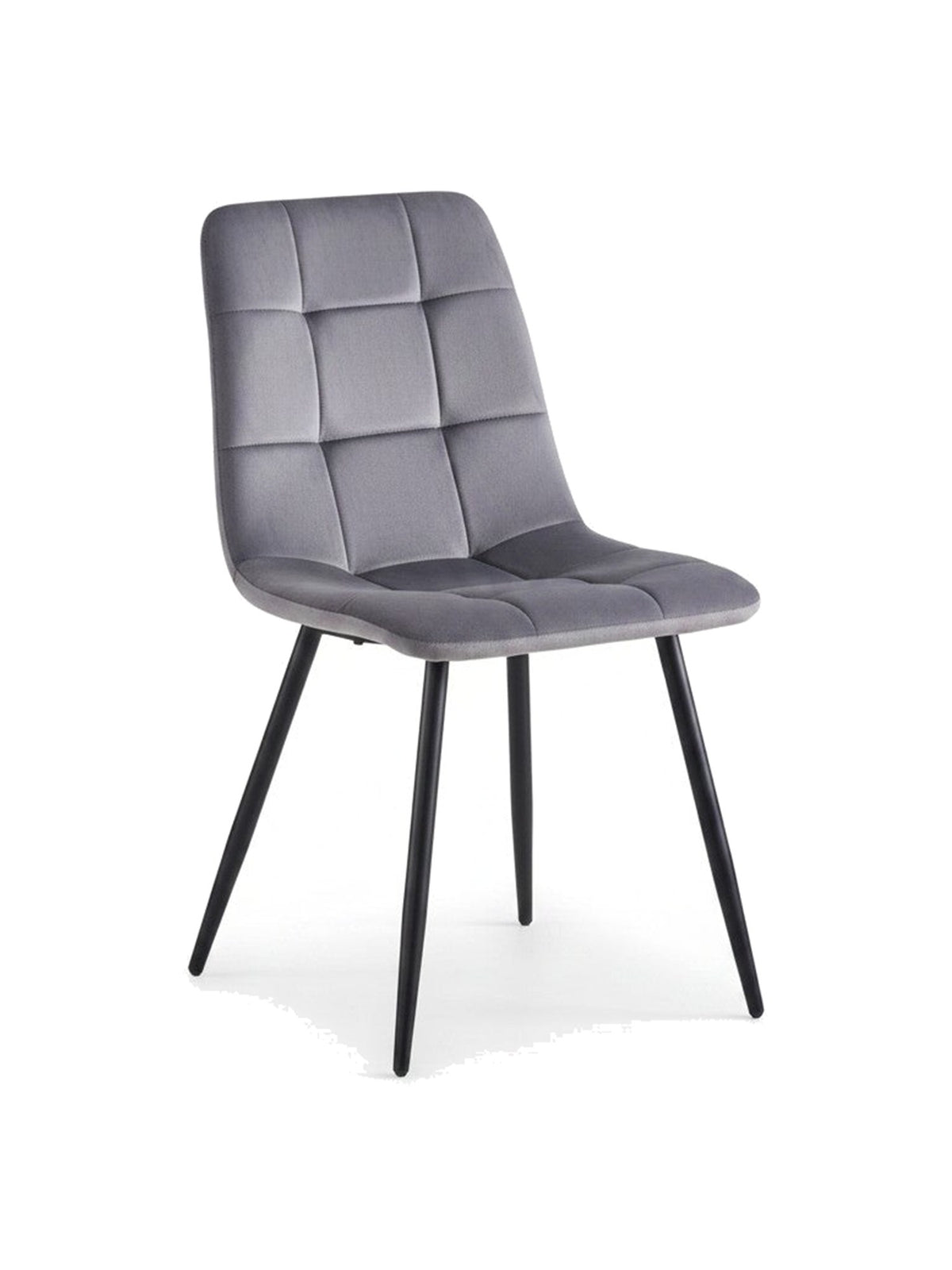Chaise de salle à manger Élio par TOCO Meubles en velours gris avec dossier capitonné et pieds en métal noir