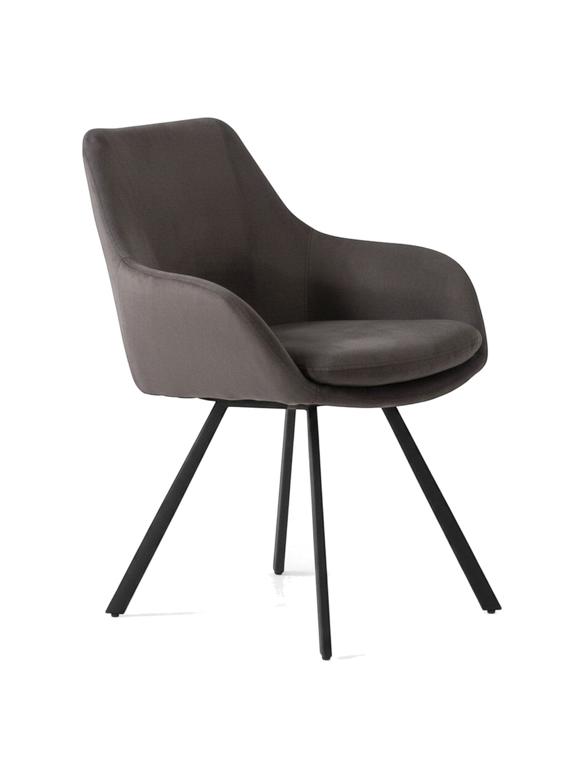 Chaise de salle à manger Gianna TOCO Meubles en tissu gris, assise et dossier rembourrés, pieds métalliques noirs inclinés.