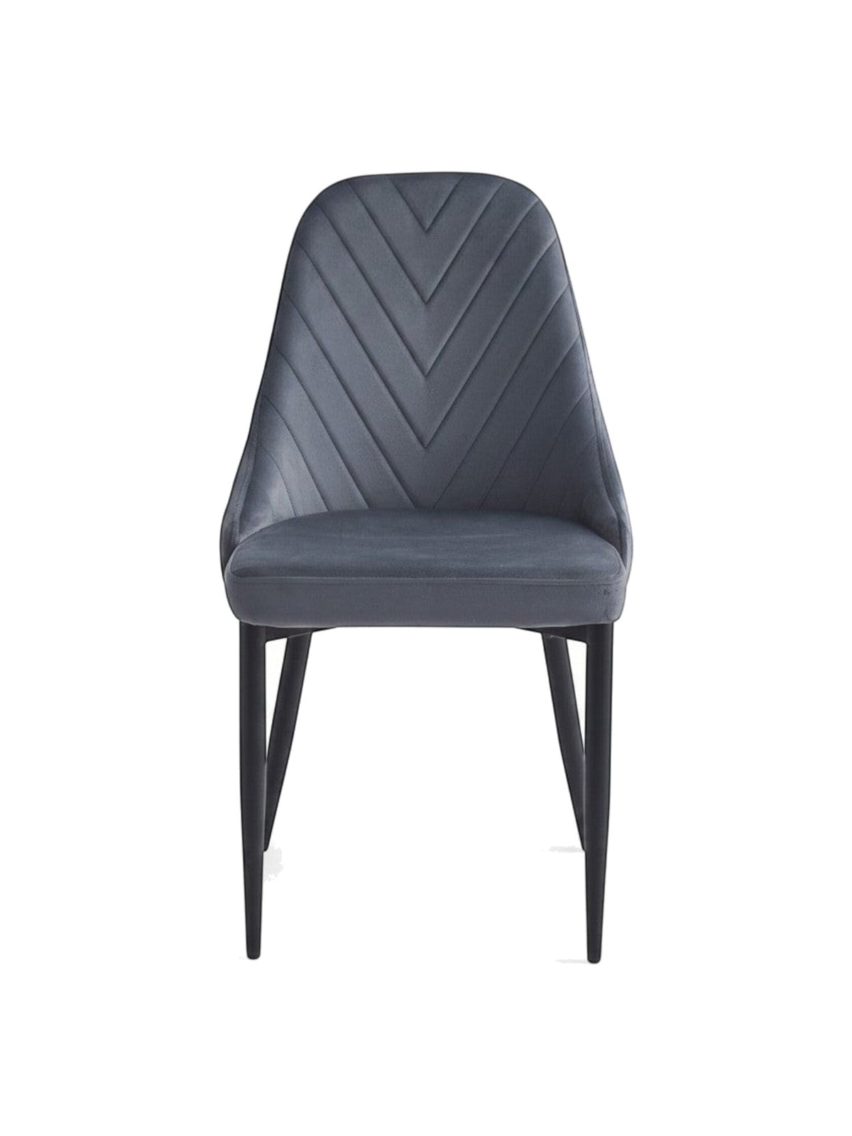 Chaise de salle à manger Jenny TOCO Meubles en velours gris foncé avec coutures chevrons et pieds en acier noir.