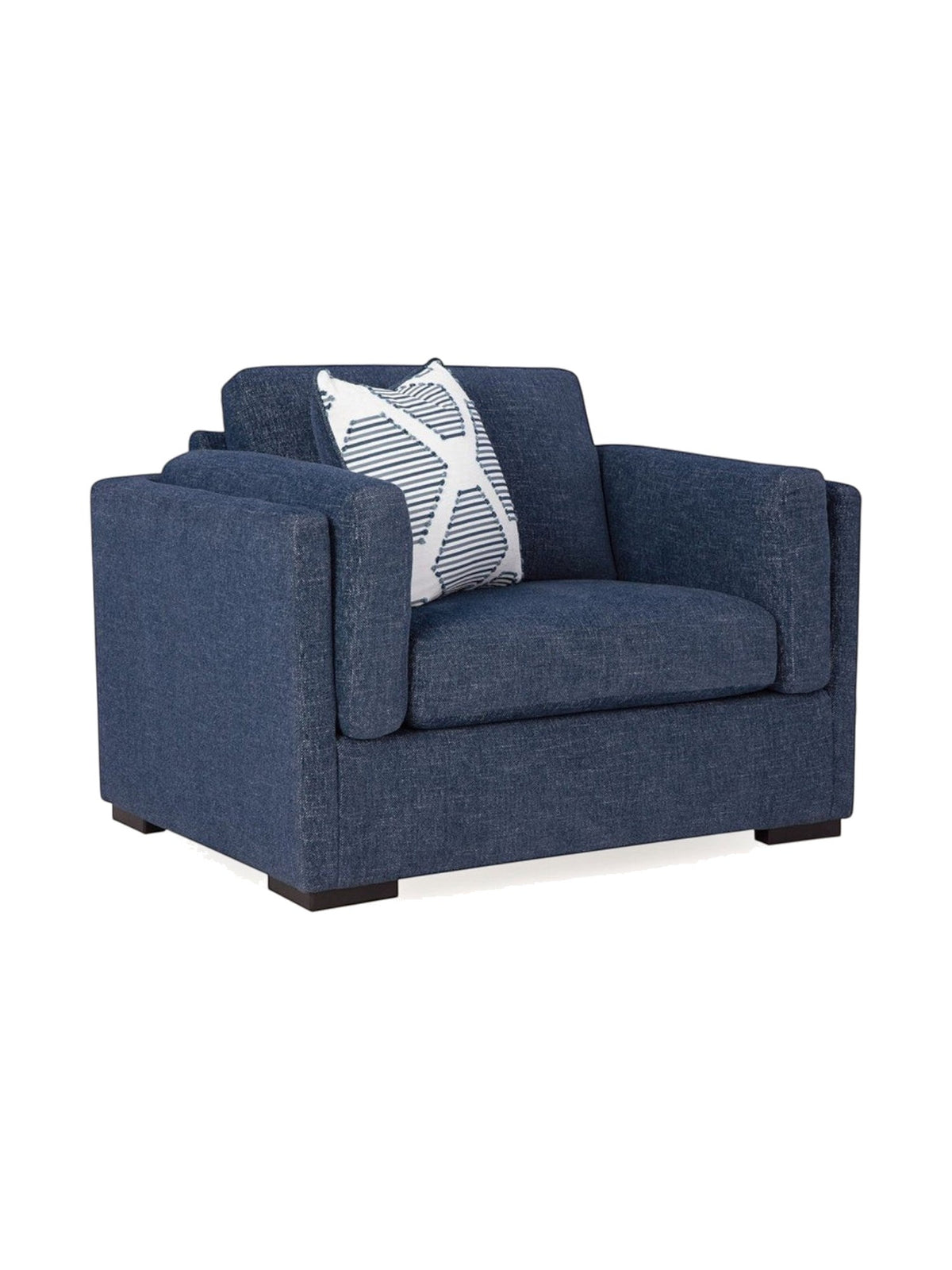 Fauteuil une place et demie TOCO Meubles Evan en tissu bleu texturé avec coussin décoratif à motifs géométriques