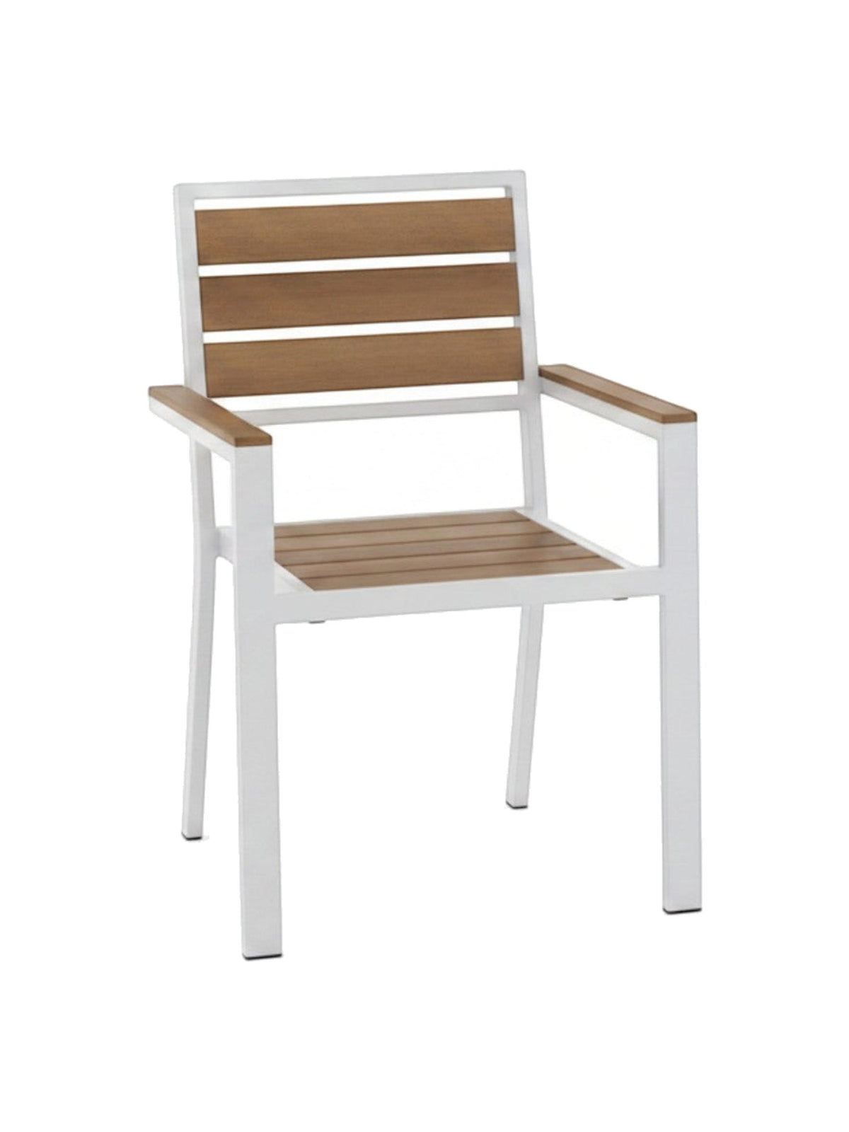 Chaise d'extérieur TOCO Meubles Transformer avec structure blanche et lattes en bois, design ergonomique et empilable.