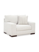 Fauteuil une place et demie TOCO Meubles Figaro en tissu texturé blanc cassé avec coussin décoratif à rayures