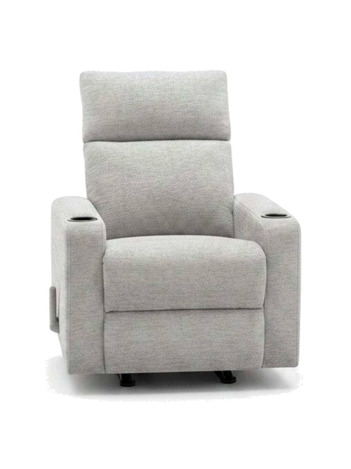 Chaise inclinable Maxima de TOCO Meubles en tissu gris clair avec porte-gobelets intégrés sur fond blanc