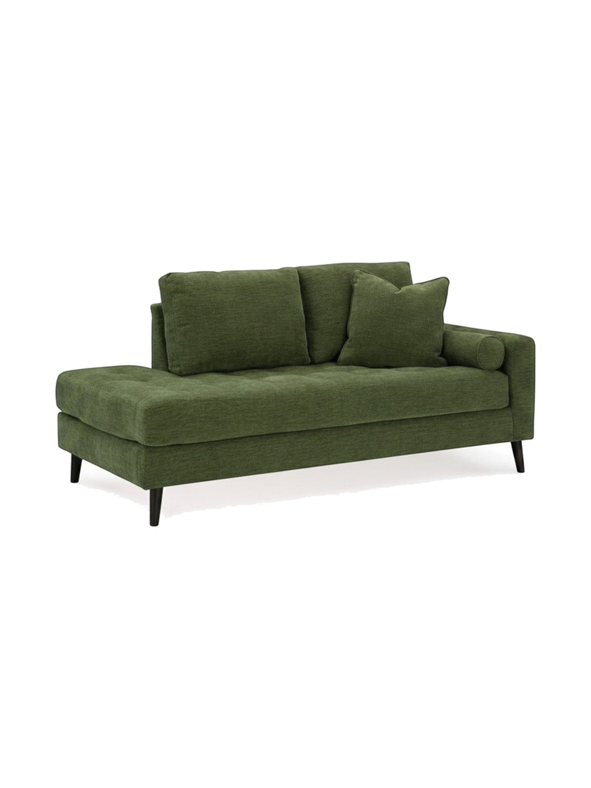 Chaise longue en coin Bixo de TOCO Meubles en tissu vert texturé avec coussins et pieds noirs élégants