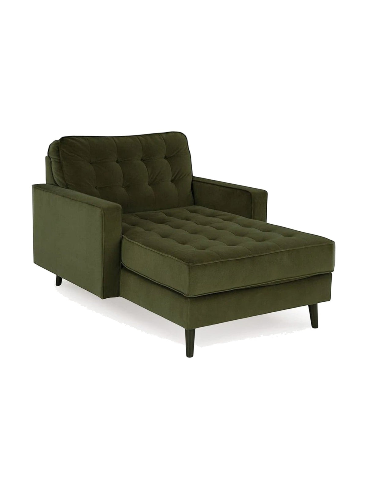 Chaise longue TOCO Meubles Revo en velours vert olive avec finition capitonnée et pieds en bois foncé