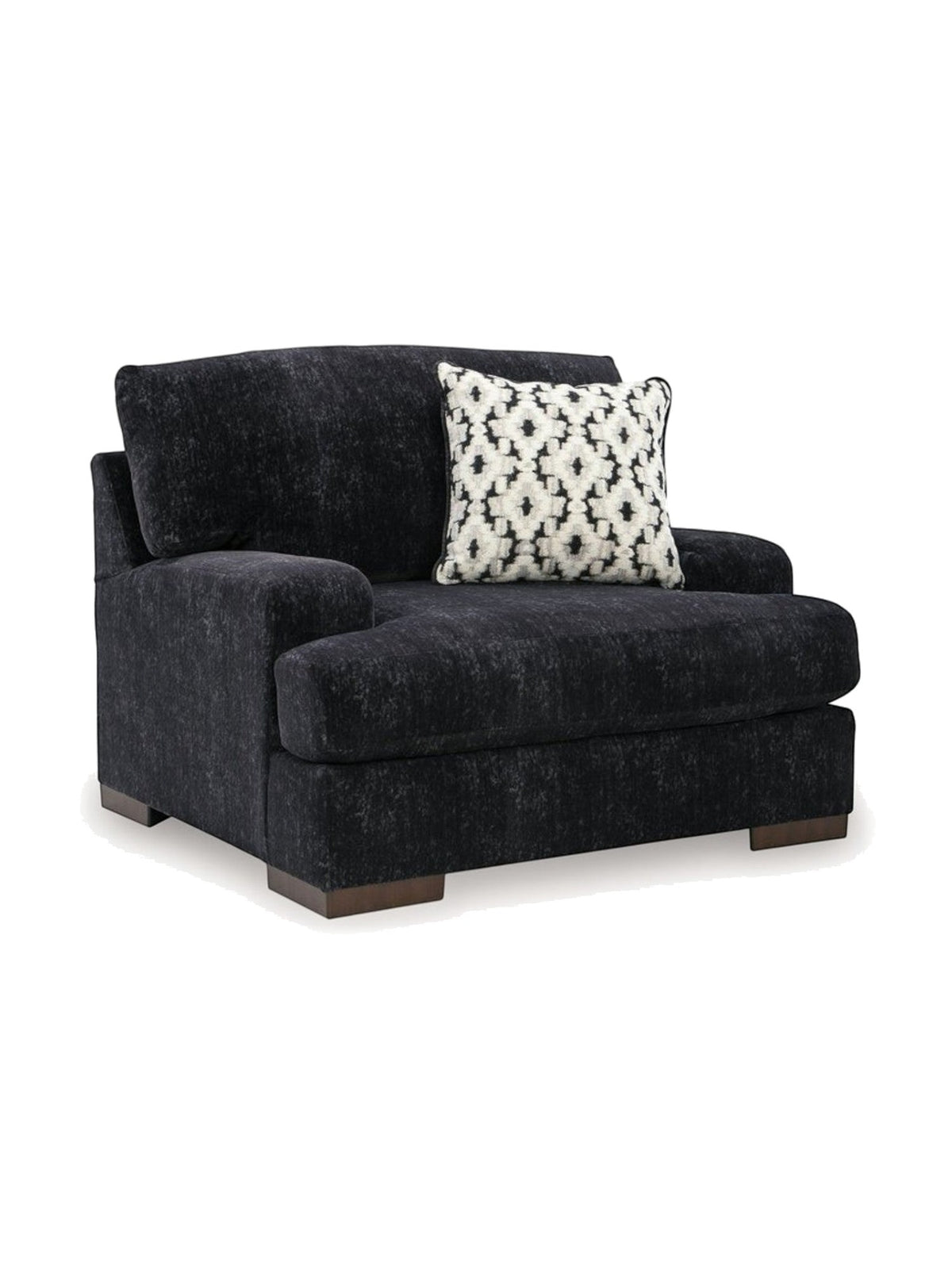 Chaise Mistral TOCO Meubles large et confortable en tissu noir texturé avec un coussin décoratif à motifs géométriques