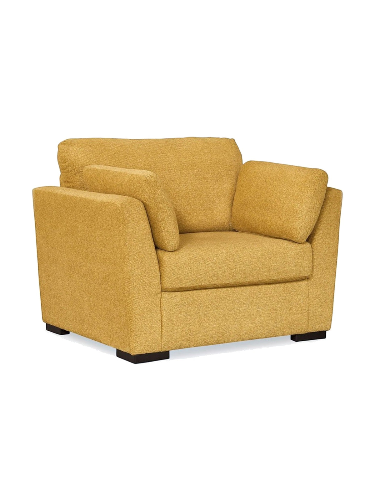 Fauteuil large TOCO Meubles Owick en tissu texturé jaune tournesol avec accoudoirs rembourrés et pieds noirs