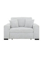 Fauteuil d'appoint TOCO Meubles Sacha en tissu gris pâle avec deux coussins décoratifs et design contemporain