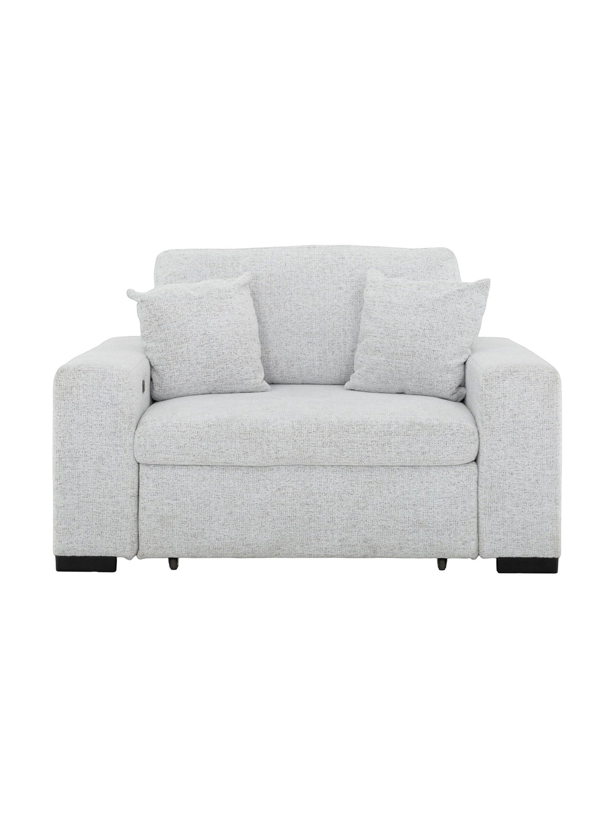Fauteuil d'appoint TOCO Meubles Sacha en tissu gris pâle avec deux coussins décoratifs et design contemporain