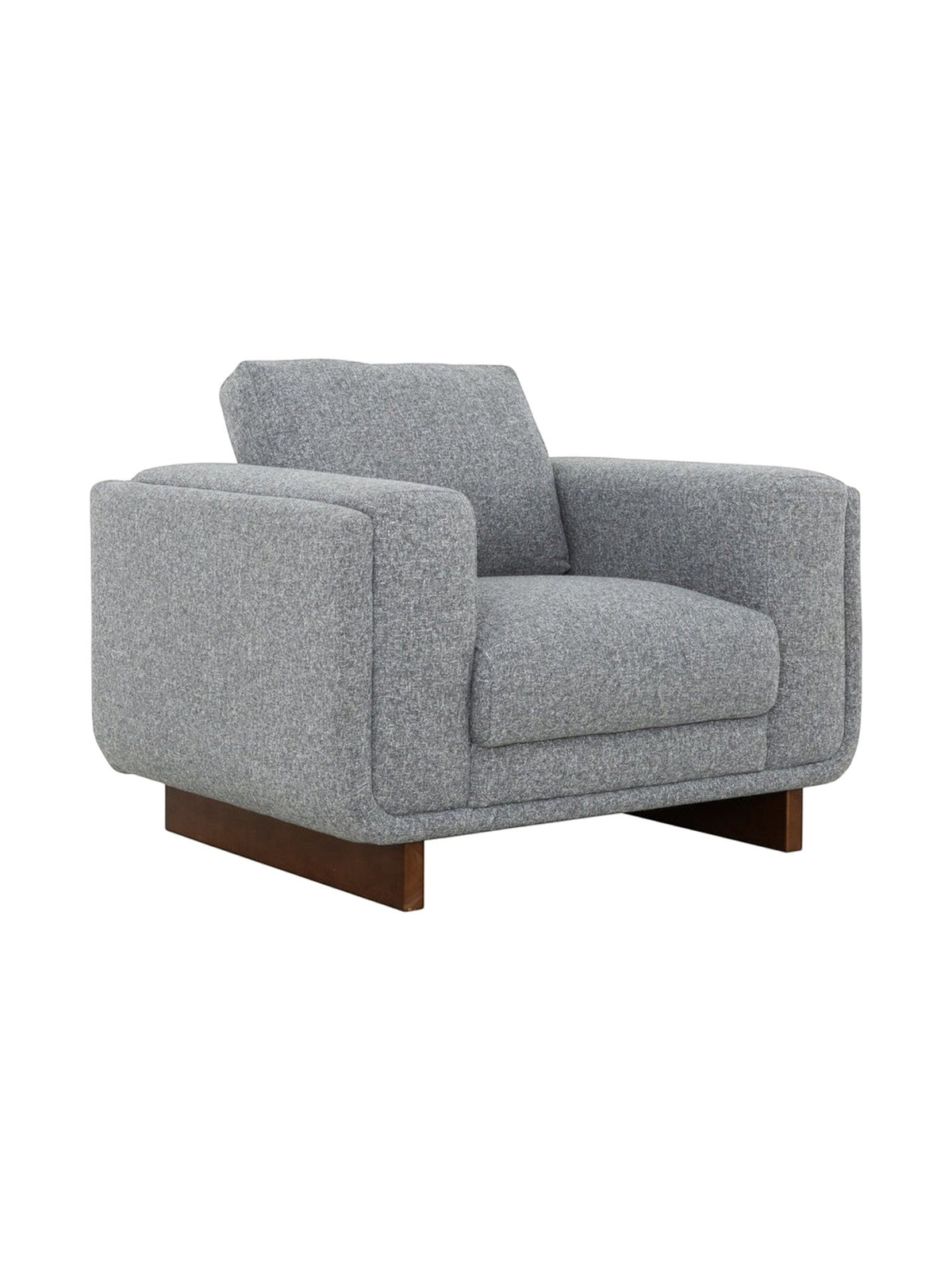 Fauteuil Simone gris en tissu texturé avec base en bois massif, proposé par TOCO Meubles