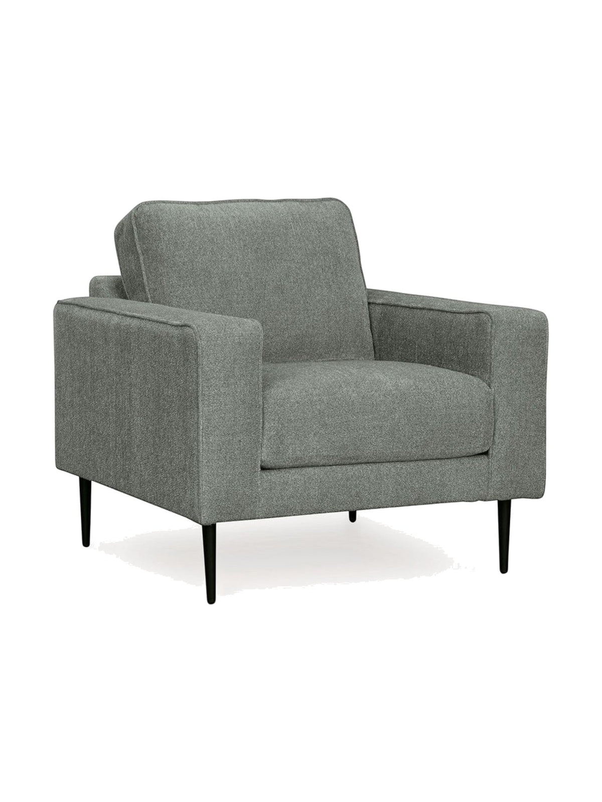 Fauteuil Zela gris en tissu avec pieds noirs fins, design moderne par TOCO Meubles