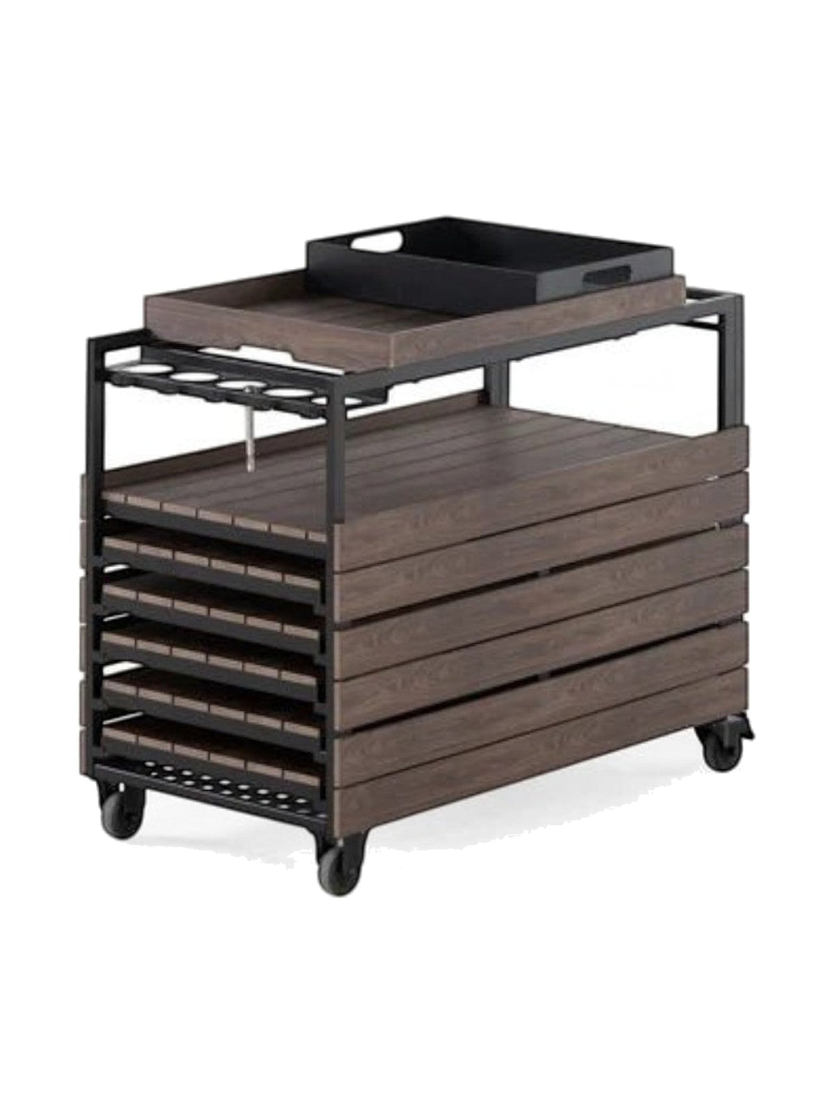 Chariot de bar d'extérieur TOCO Meubles en bois foncé avec structure en métal noir, plateaux et roulettes