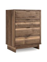 Commode haute TOCO Meubles Alma avec 4 tiroirs en bois au veinage riche et design contemporain