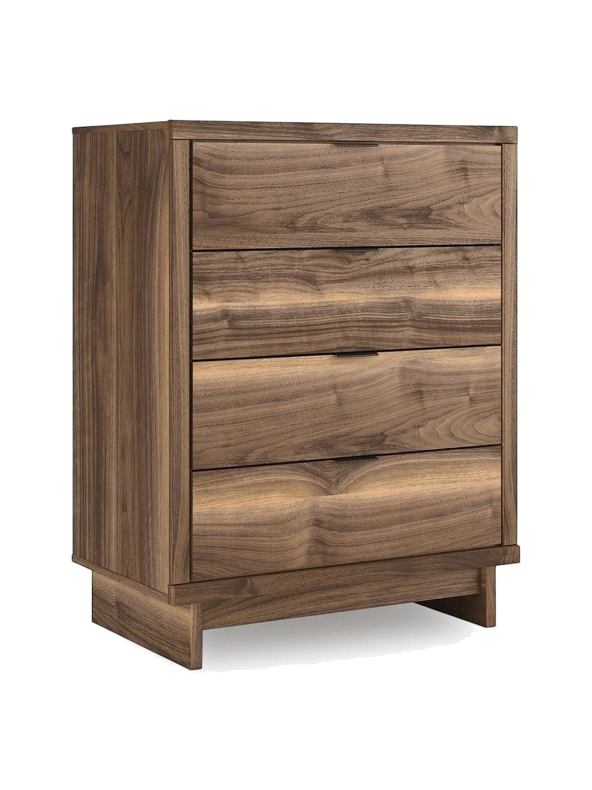 Commode haute TOCO Meubles Alma avec 4 tiroirs en bois au veinage riche et design contemporain