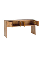 TOCO Meubles Kelani console table in warm wood finish with four cabinet doors open, showcasing storage space.