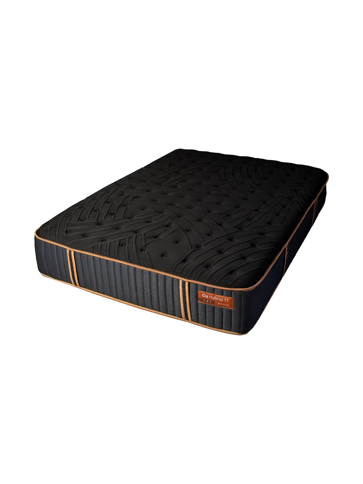 Matelas hybride TOCO Meubles Copper Sleep TT noir avec détails cuivrés, 13 pouces, confort moyen et ressorts ensachés.