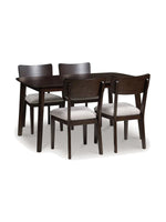 Ensemble de salle à manger Tavia TOCO Meubles avec table en bois merlot et quatre chaises à assise grise rembourrée
