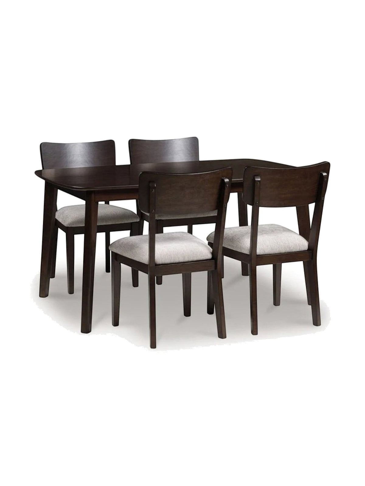 Ensemble de salle à manger Tavia TOCO Meubles avec table en bois merlot et quatre chaises à assise grise rembourrée