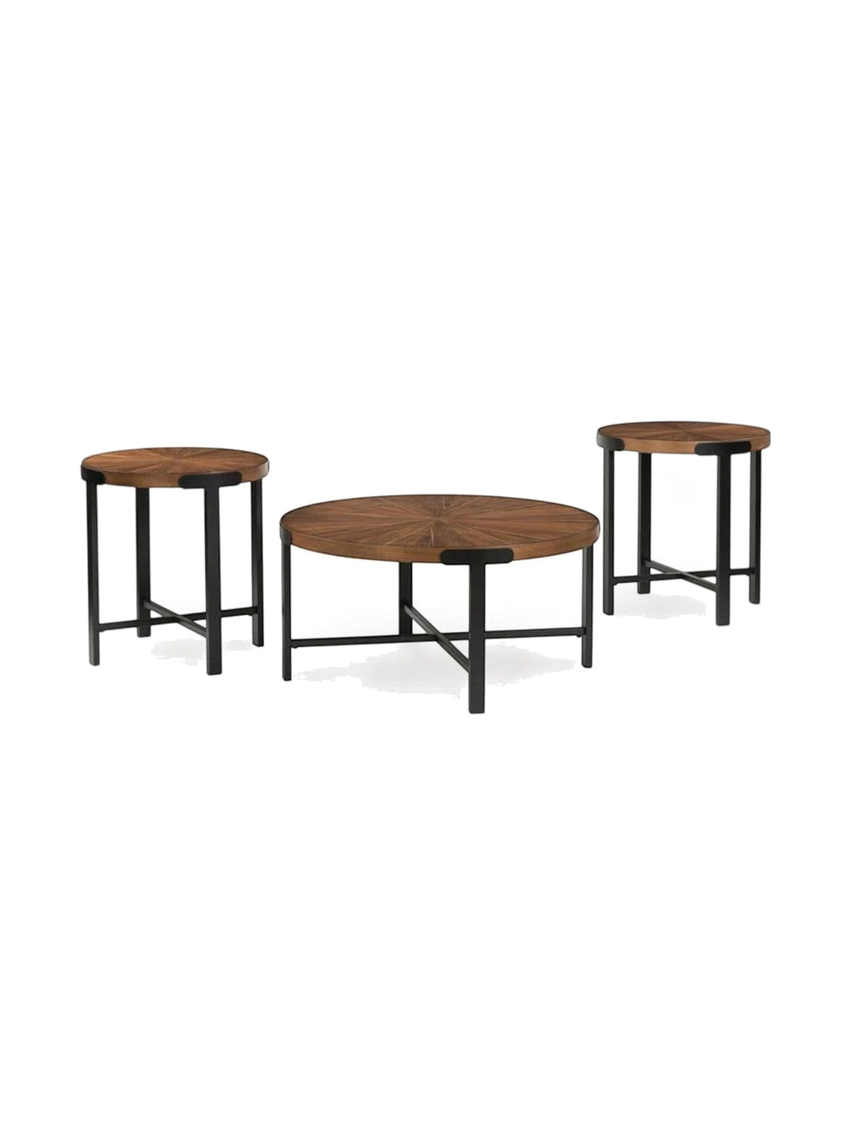 Ensemble de trois tables basses rondes TOCO Meubles avec plateau en bois brun et pieds en métal noir